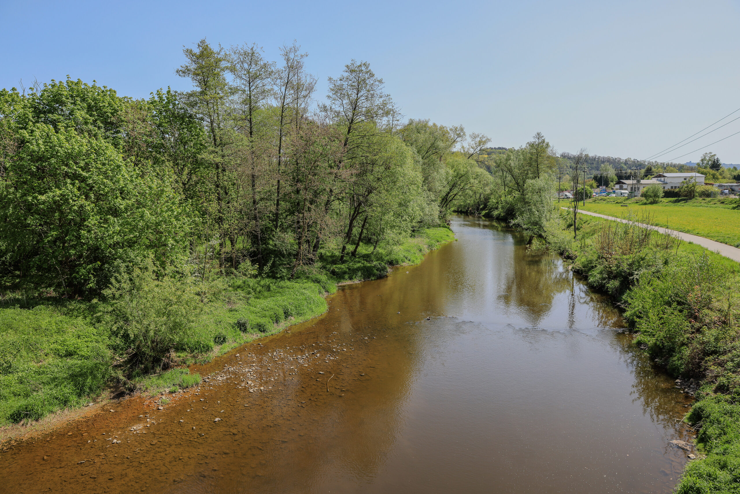 <h1>řeka Úslava - pohled z mostu</h1><br />
Pohled na řeku Úslavu obtékající Božkovský ostrov (zarostlejší břeh) a vytvořenou stezku vhodnou k procházce i sportovnímu využití (upravovaný břeh). 